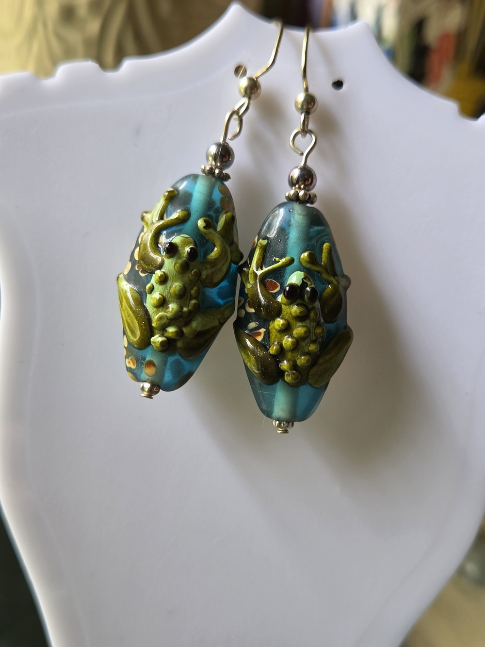 Handcrafted Teal Glass Frog Drop Earrings